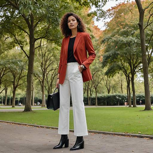 Stylish Woman in Rust Blazer and White Trousers Standing in Park