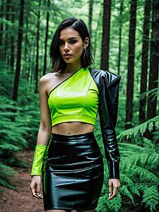 Woman in Neon Green and Black Leather Fashion Outfit in Forest