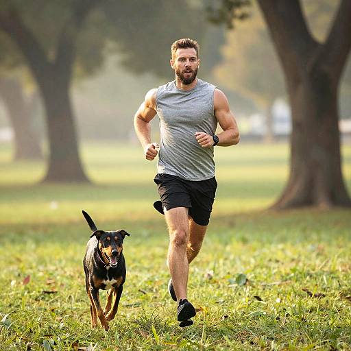 Man Jogging with Dog in Park on Grass Field