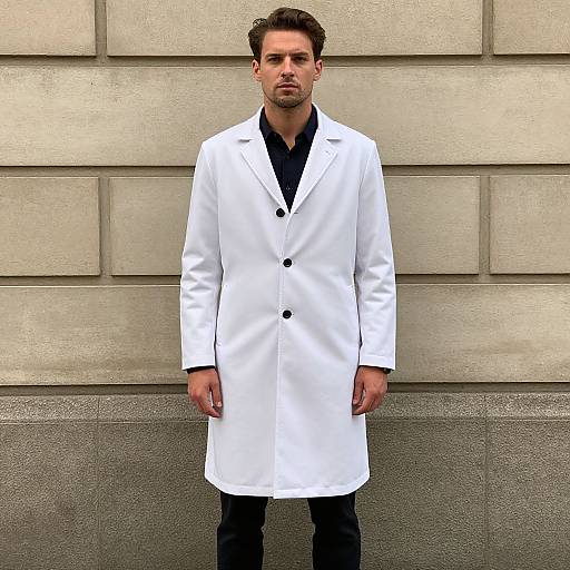 Man Wearing White Lab Coat Standing by Stone Wall
