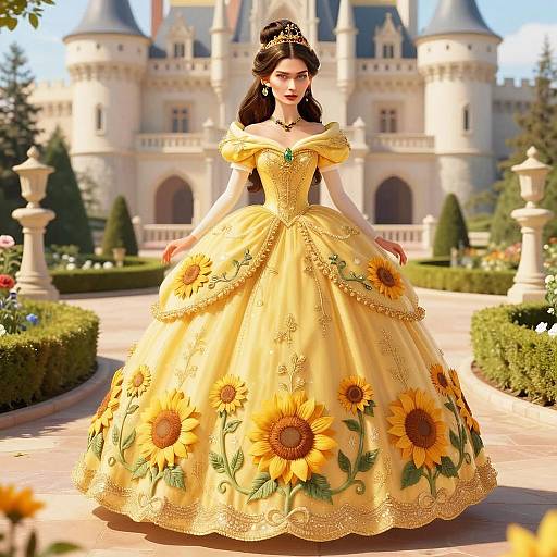 Elegant Woman in Yellow Sunflower Gown Standing in Front of Castle