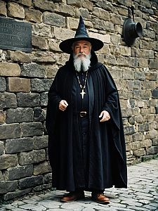 Elderly Man in Black Wizard Costume with Pointed Hat and Cloak