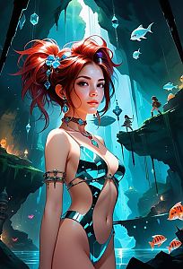 Futuristic Red-Haired Woman in Metallic Swimsuit in Luminous Underwater Cave