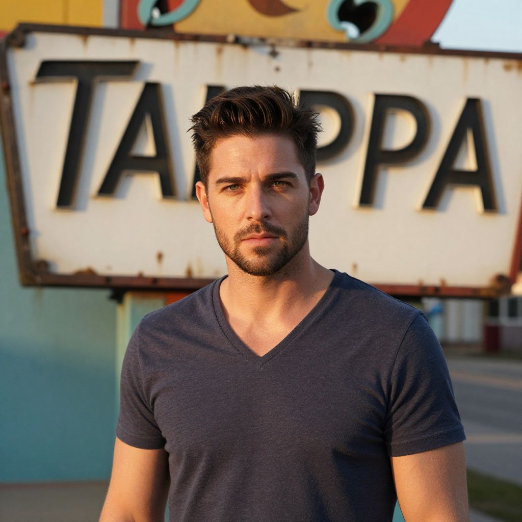 Young Man Portrait in Front of Vintage Tampa Sign