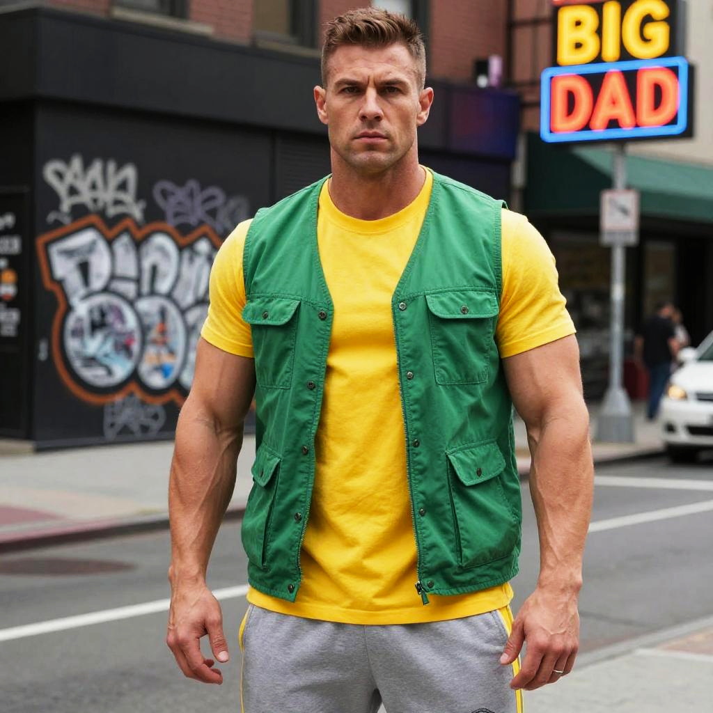Muscular Man in Street Style Yellow T-shirt and Green Vest Urban Setting