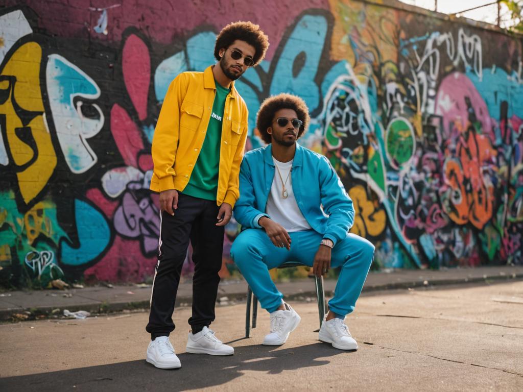 Stylish Men in Urban Fashion Against Graffiti