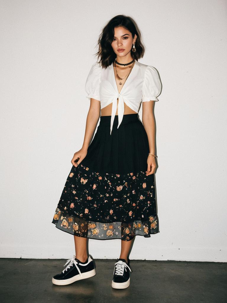 Contemporary Boho Woman Wearing White Cropped Blouse with Short Puffed Sleeves and Floral Skirt
