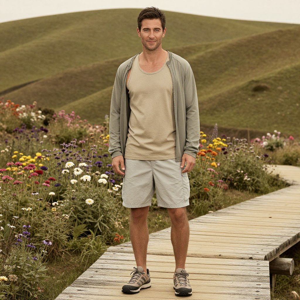Man in Casual Outdoor Outfit on Wooden Pathway Among Wildflowers