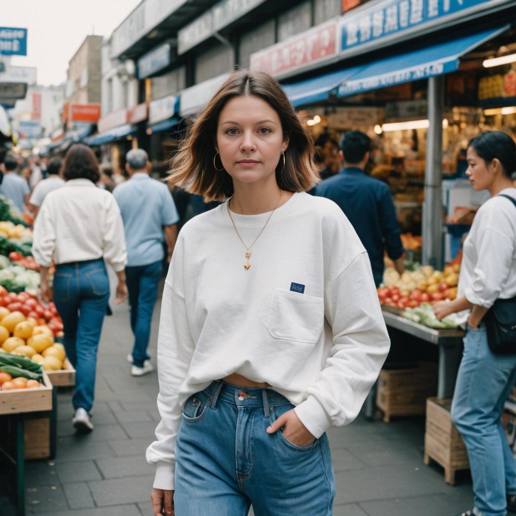 Confident Young Woman in Bustling Street Market