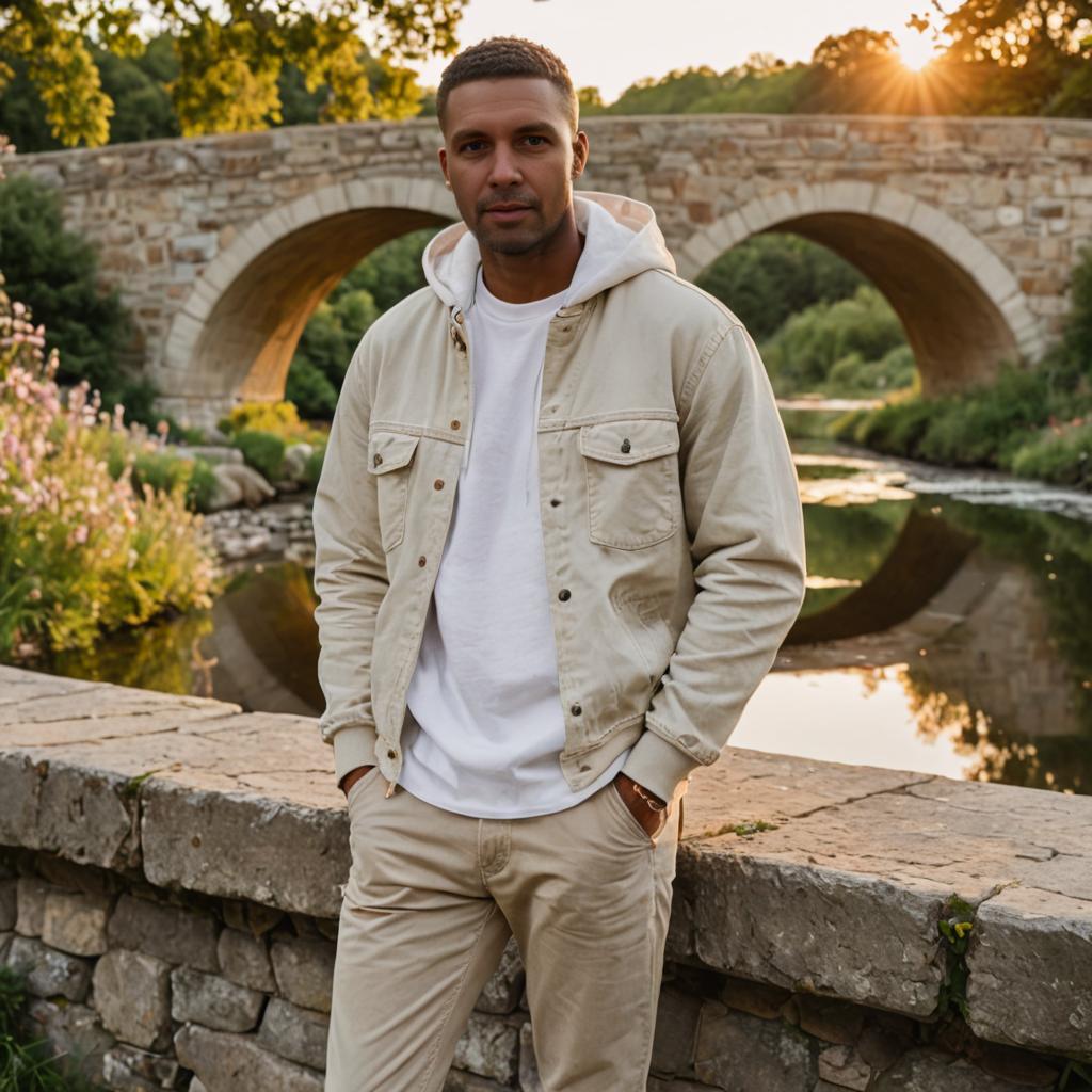 Man in Casual Attire by Stone Bridge at Golden Hour