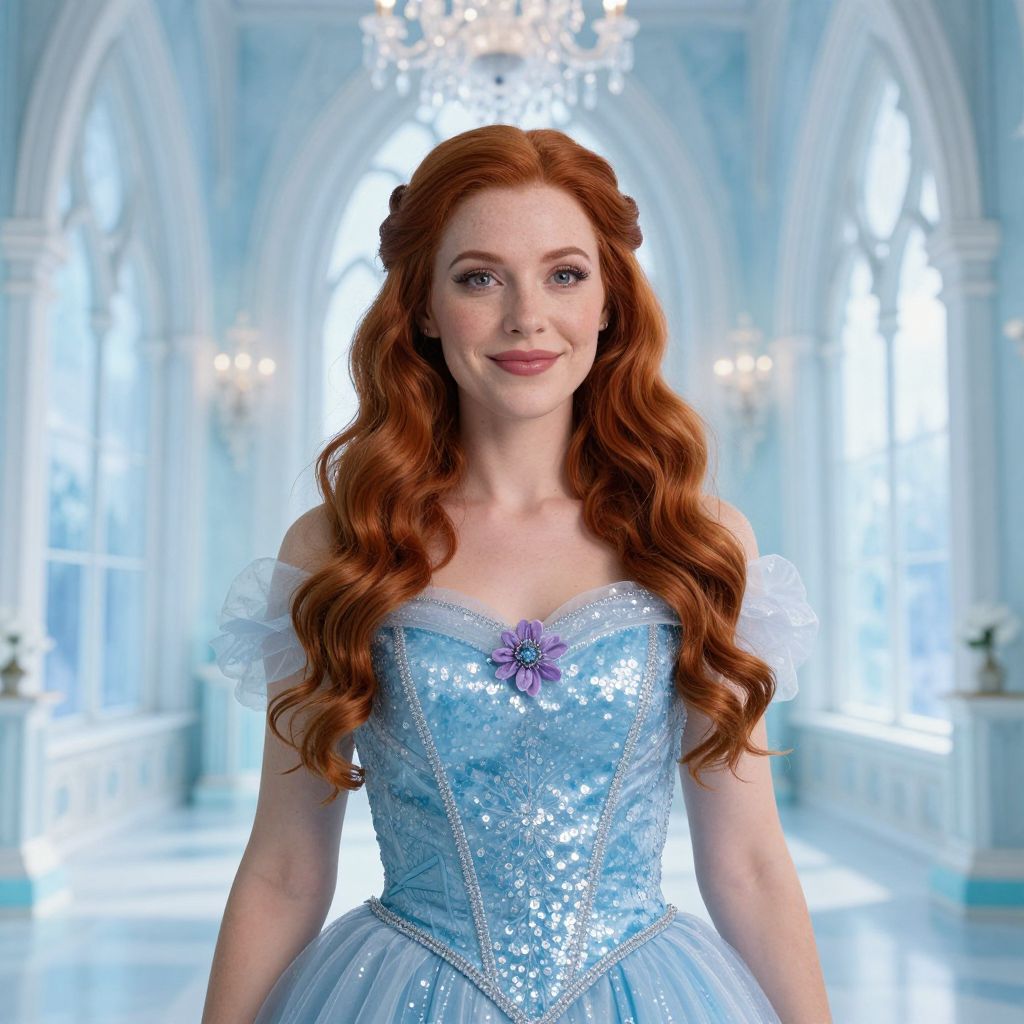 Red-Haired Woman in Sparkling Blue Princess Dress in Elegant Hall
