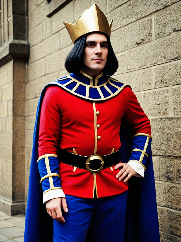 Man in Vibrant Medieval Costume with Crown