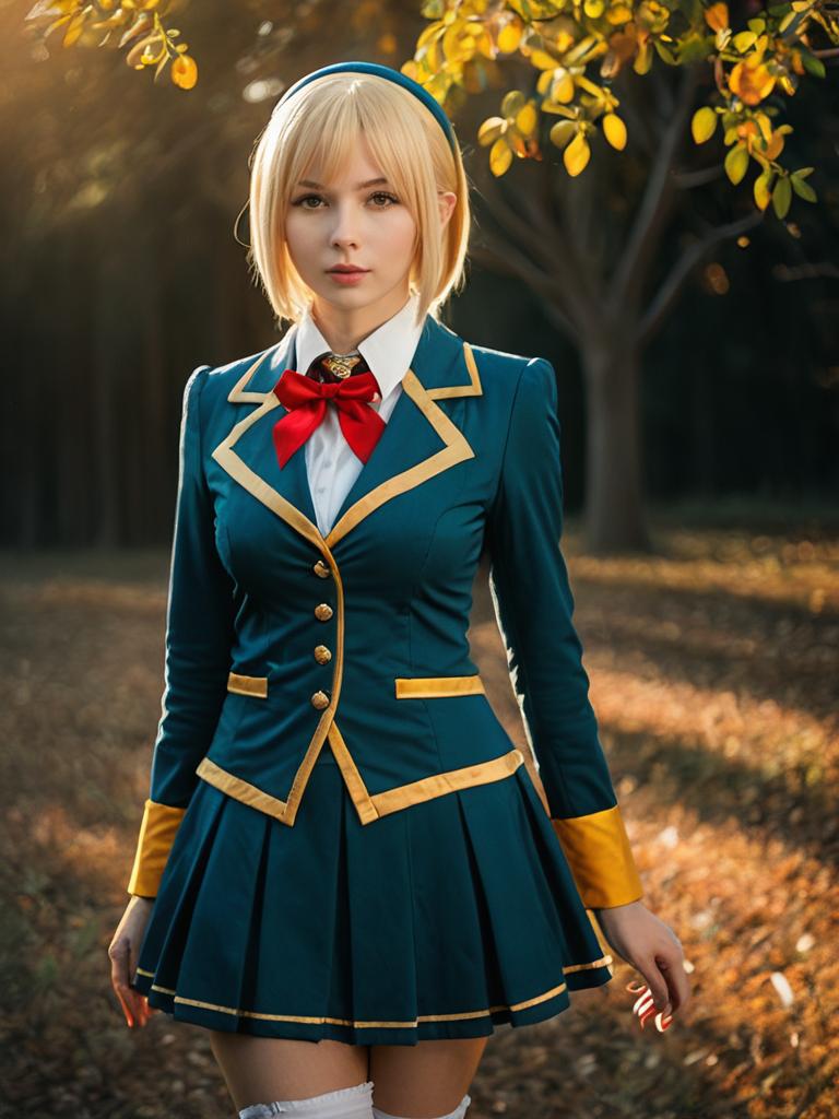 Realistic Eri Cosplay Woman in Blue and Gold School Uniform Outdoors