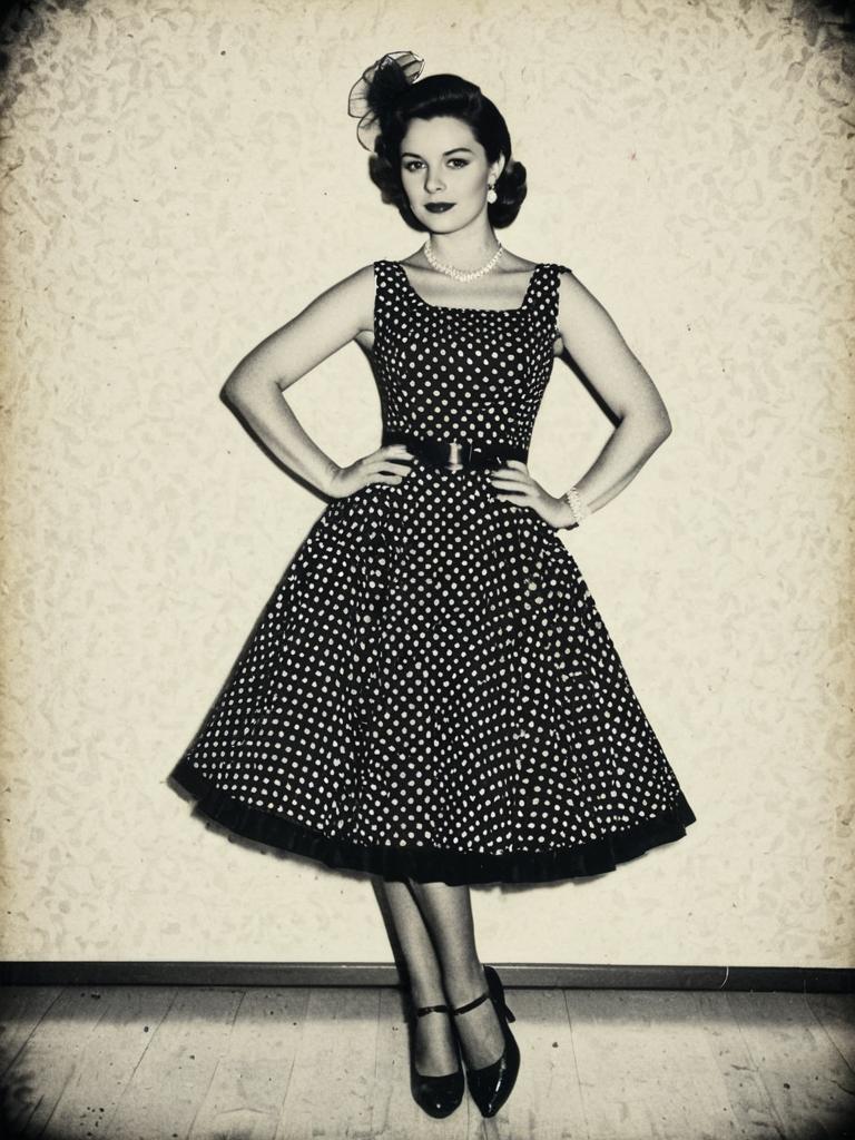 Woman in Retro 1950s Polka Dot Party Dress Vintage Fashion Photo