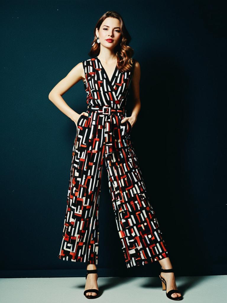 Woman in Modern Graphic Sleeveless Jumpsuit with Abstract Red and White Pattern