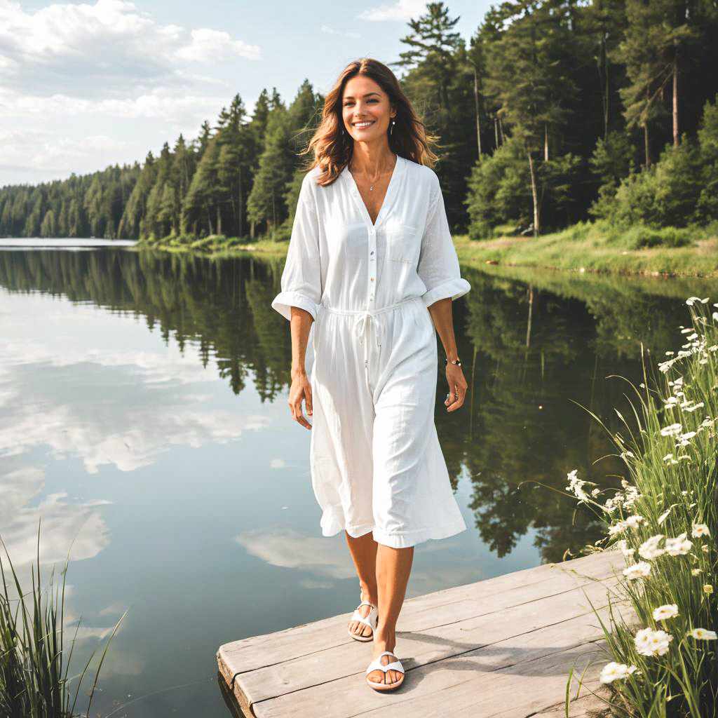 Woman in White Dress by Tranquil Lake