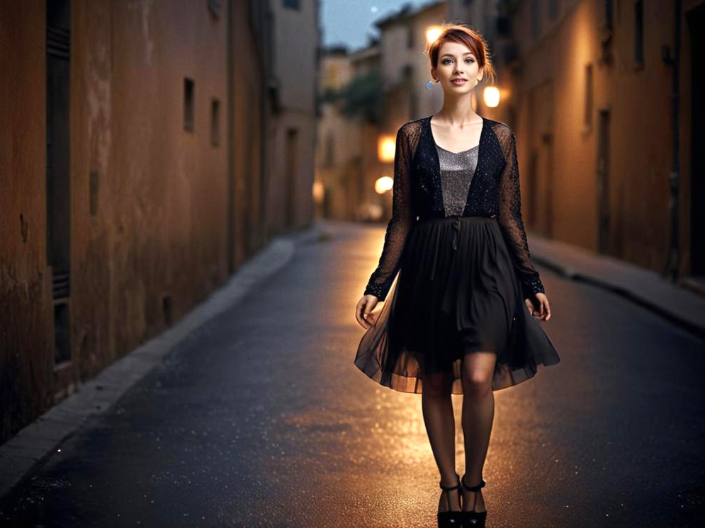 Young Woman in Stylish Black Dress on Dimly Lit Street