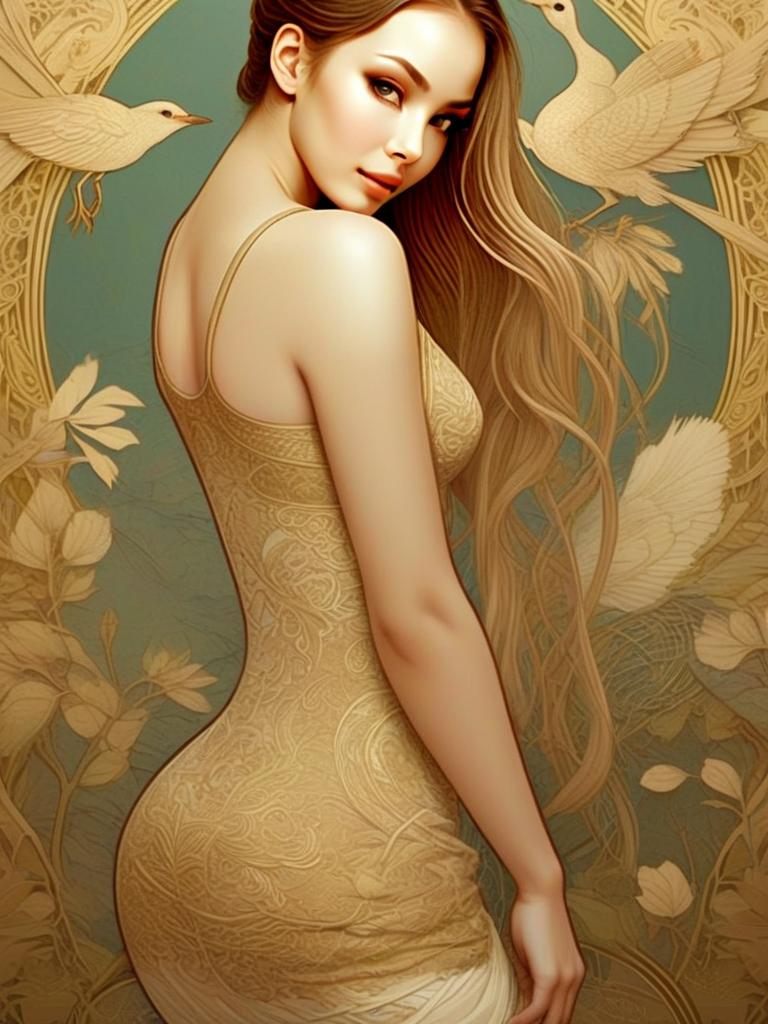 Woman in Gold Dress - Art Nouveau Style Illustration Woman in Gold Dress - Art Nouveau Style Illustration