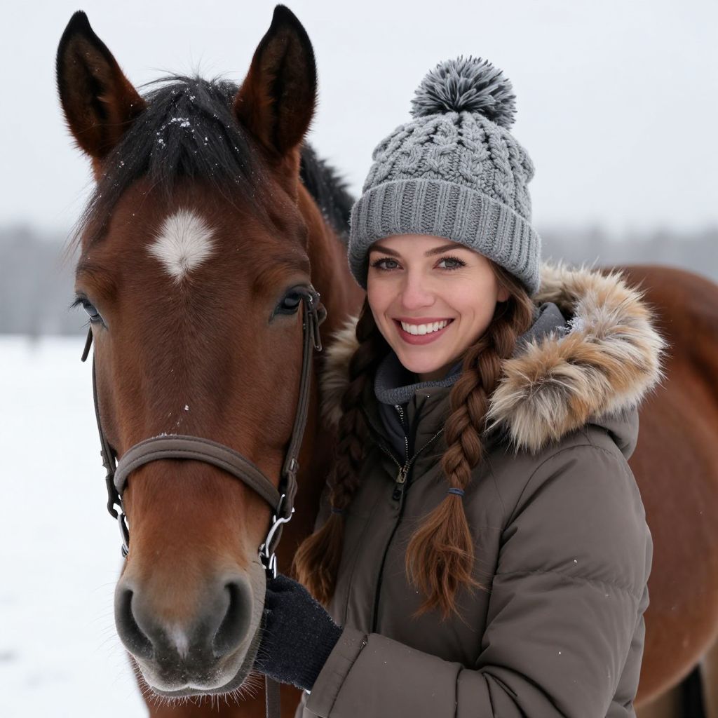 Woman with Brown Horse in Winter Snow Outdoors
