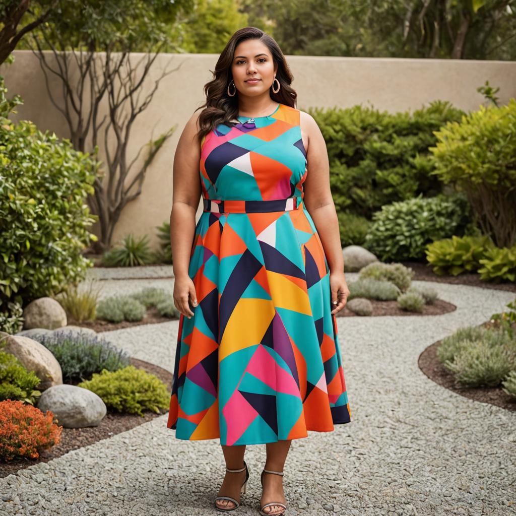 Confident Woman in Vibrant Dress Surrounded by Lush Garden