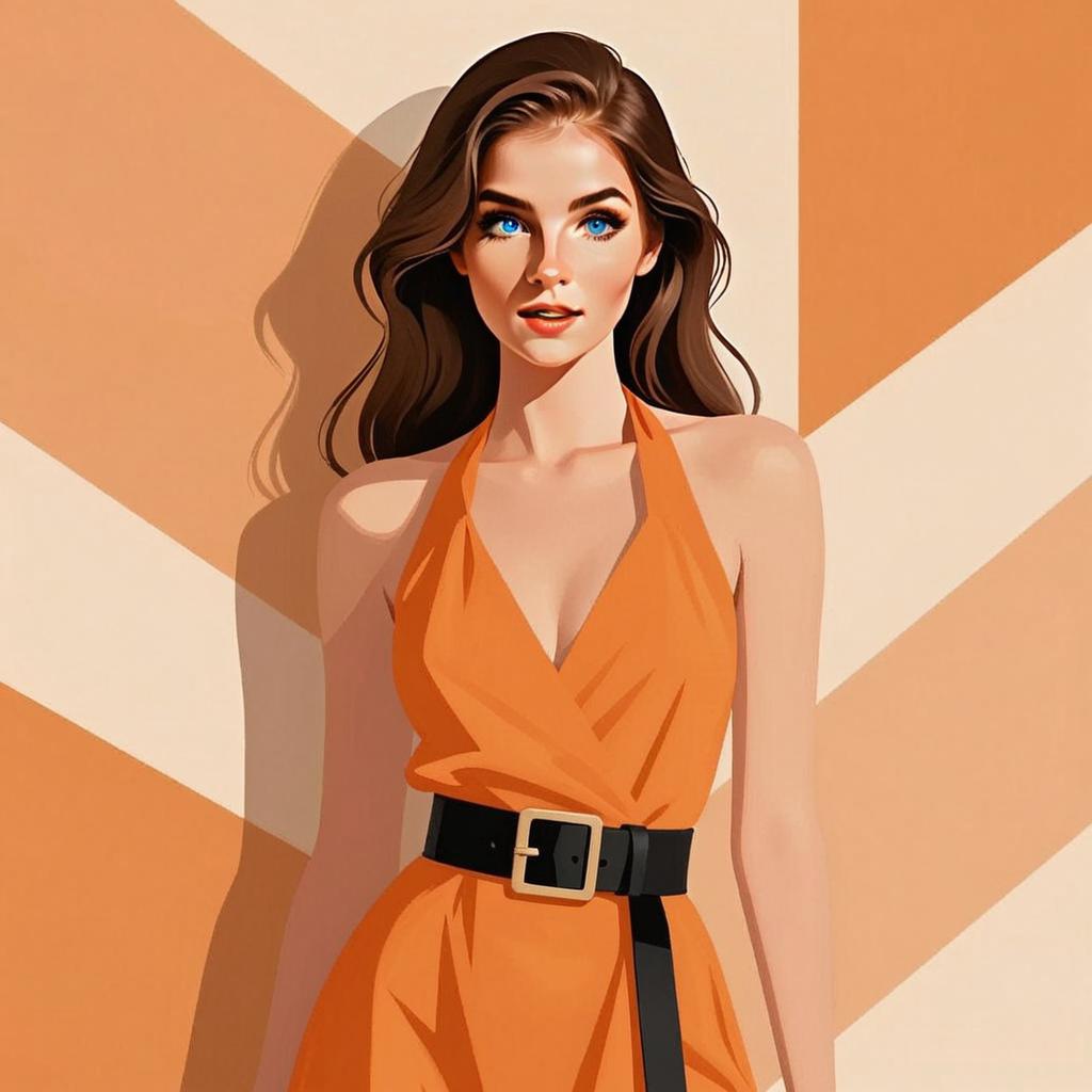 Stylish Young Woman in Orange Dress Digital Illustration