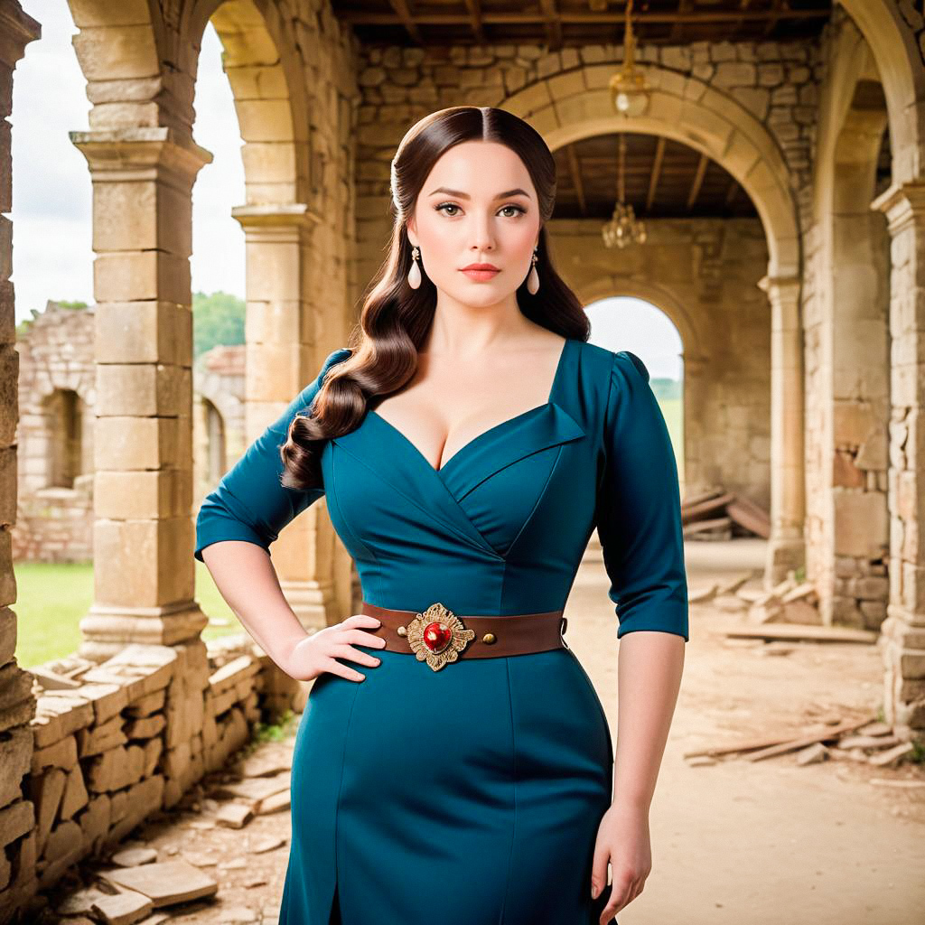 Confident Woman in Teal Dress in Historic Corridor Confident Woman in Teal Dress in Historic Corridor