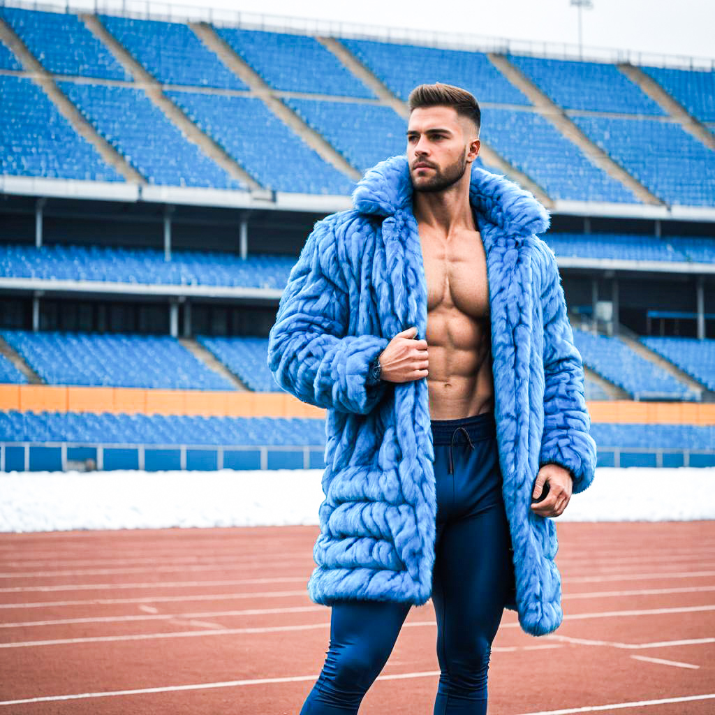 Stylish Man in Blue Fur Coat on Athletic Track