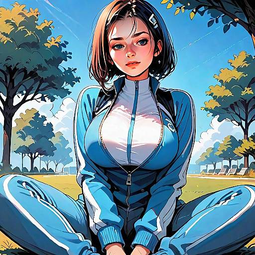 Anime Style Woman in Blue Tracksuit Sitting Outdoors Digital Illustration