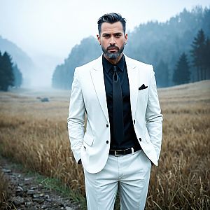 Dapper Man in White Suit Against Misty Mountains