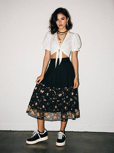 Contemporary Boho Woman Wearing White Cropped Blouse with Short Puffed Sleeves and Floral Skirt