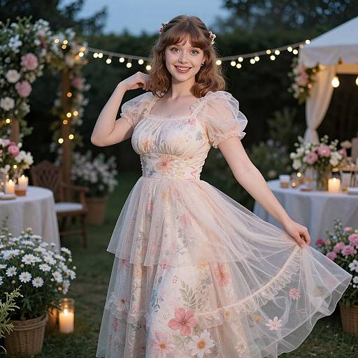 Young Woman in Floral Dress at Romantic Garden Party