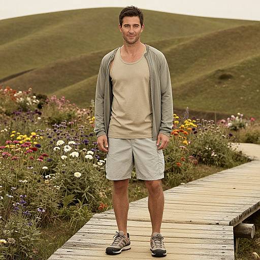 Man in Casual Outdoor Outfit on Wooden Pathway Among Wildflowers