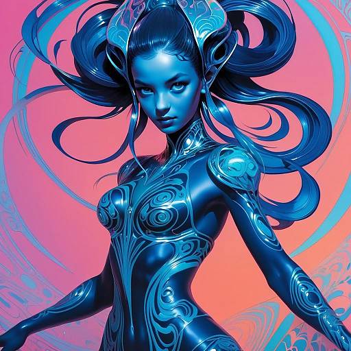 Futuristic Cyberpunk Woman with Metallic Blue Skin and Flowing Hair