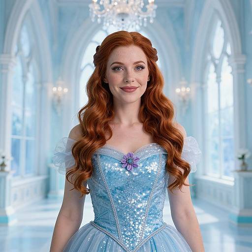 Red-Haired Woman in Sparkling Blue Princess Dress in Elegant Hall