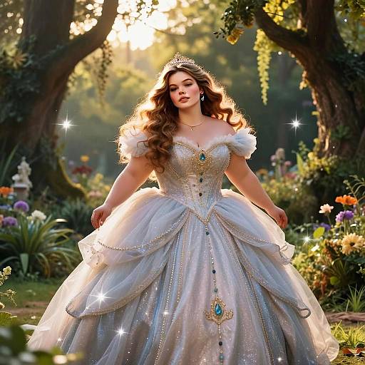 Elegant Princess in Enchanted Garden Wearing Sparkling Ball Gown