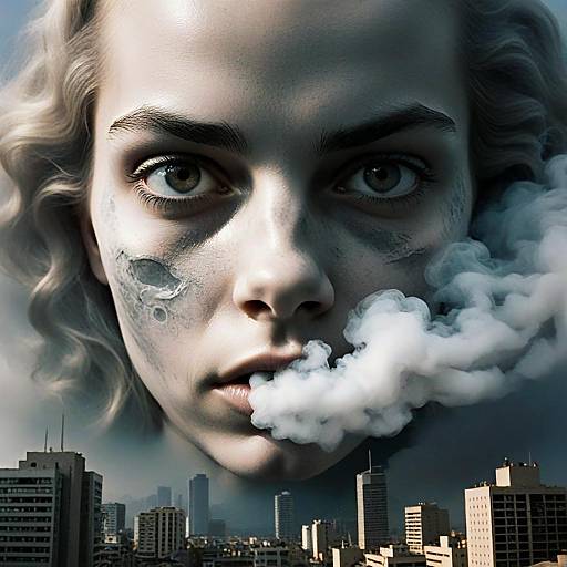 Surreal Portrait of Woman Smoking with Urban Skyline Background
