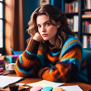 Thoughtful Young Woman at Desk