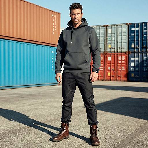 Man Wearing Dark Hoodie and Boots Posing by Shipping Containers
