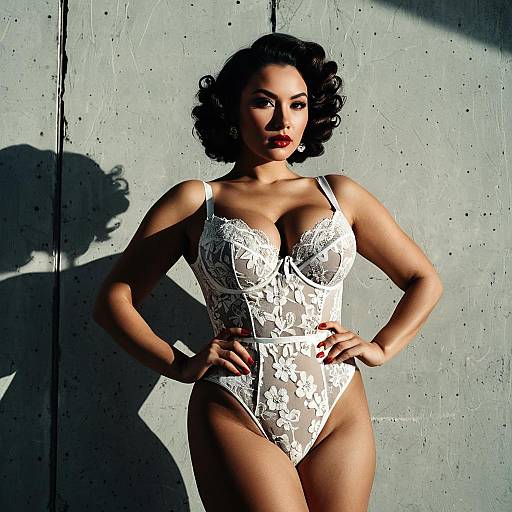 Confident Woman in White Lace Lingerie with Vintage Hairstyle