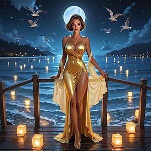 Elegant Woman in Gold Dress on Pier at Night