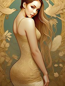 Woman in Gold Dress - Art Nouveau Style Illustration