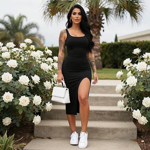 Elegant Woman in Black Dress with White Handbag Among White Roses