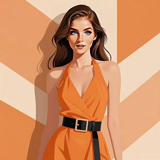 Stylish Young Woman in Orange Dress Digital Illustration