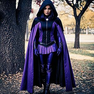 Woman in Purple Hooded Superhero Costume Outdoor Autumn Setting
