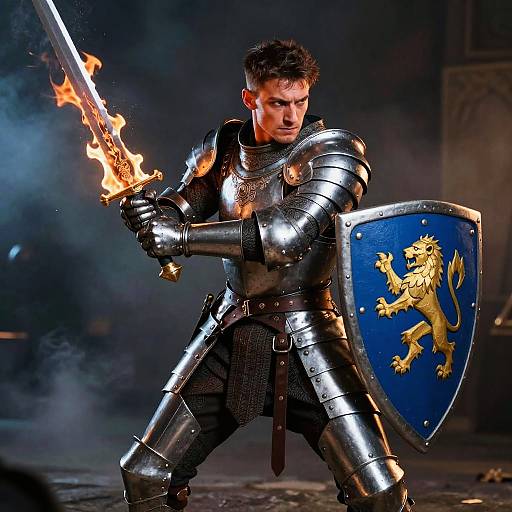 Medieval Knight in Armor with Flaming Sword and Lion Shield