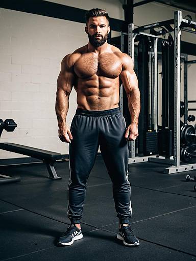 Muscular Man in Workout Pants at Gym Showing Well-Defined Physique