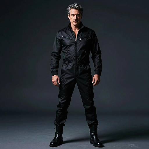 Confident Man Wearing Black Jumpsuit and Boots in Studio