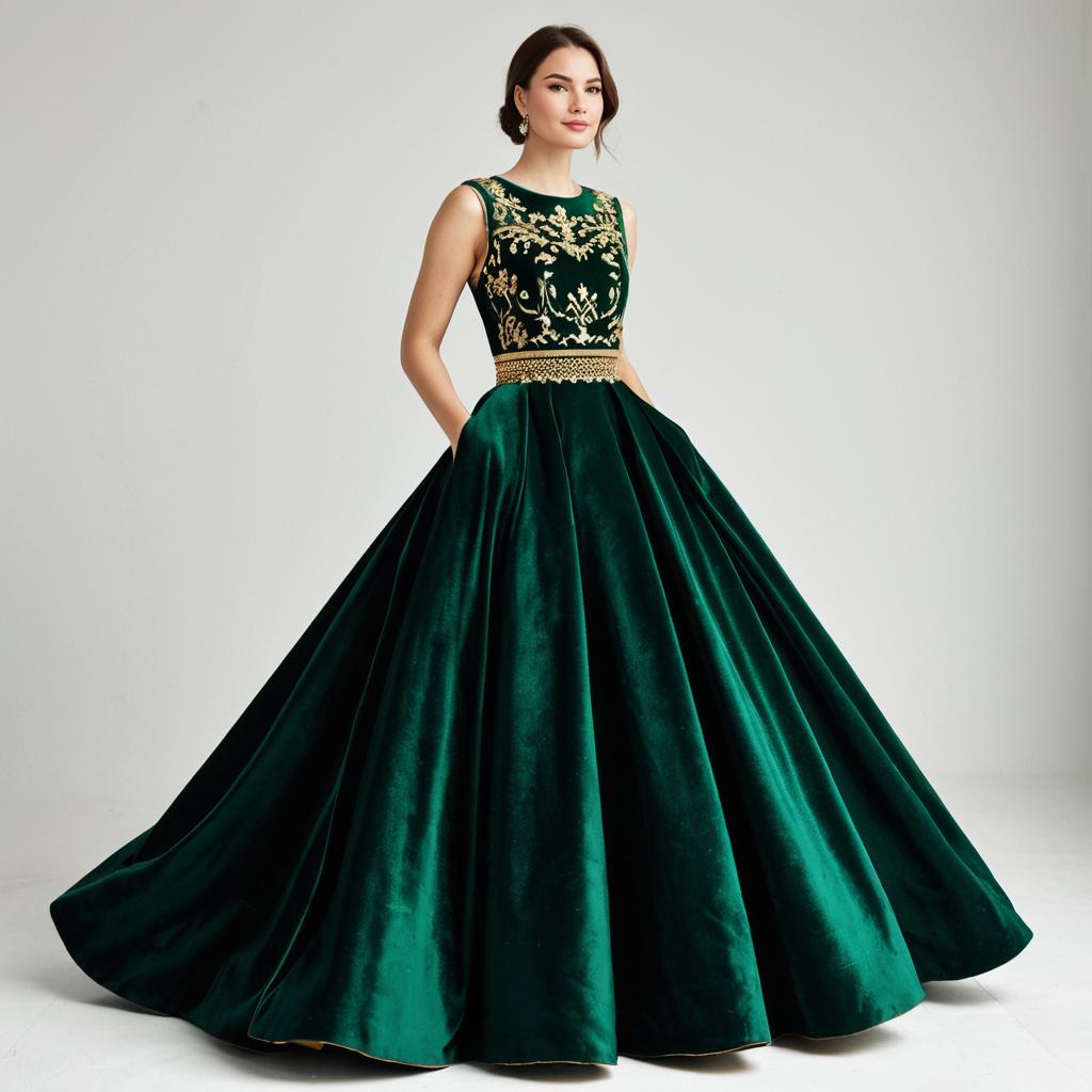Elegant Emerald Green Velvet Ball Gown with Gold Embroidery