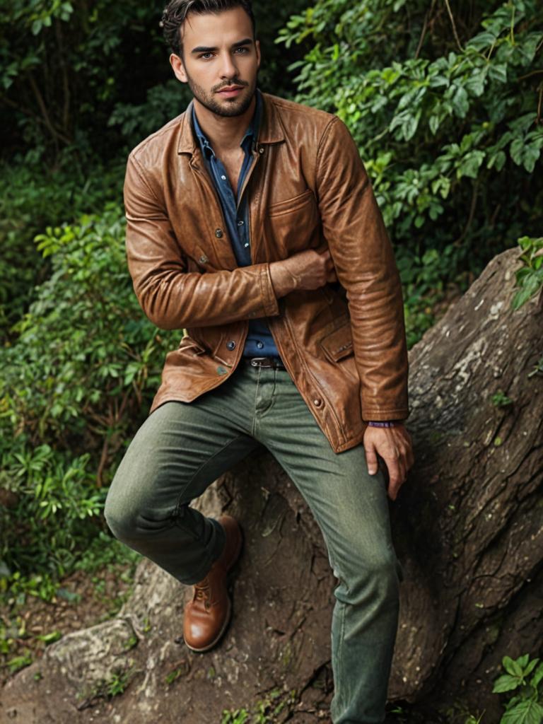 Handsome man in brown leather jacket in forest