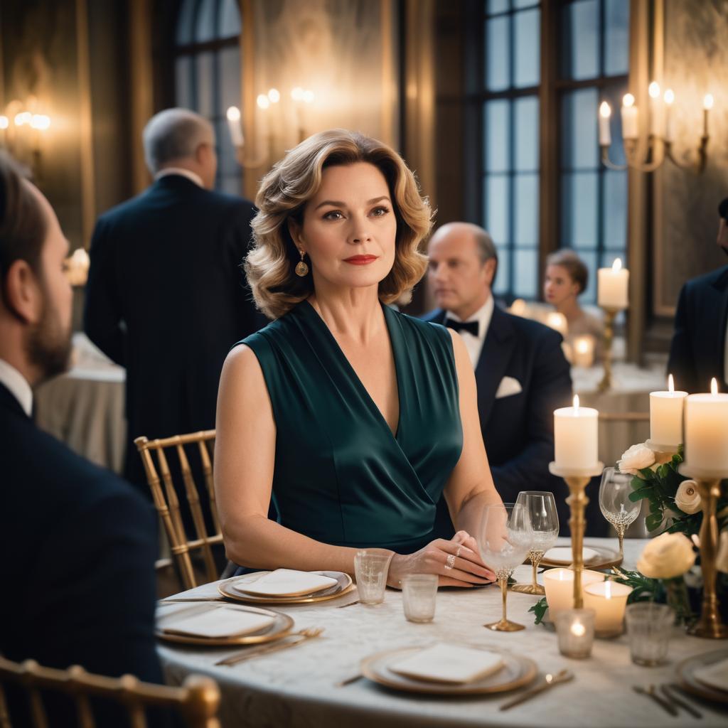 Glamorous Woman in Elegant Green Dress at Upscale Dining Table